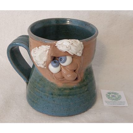 HANDCRAFTED BLUE GLAZED FACE MUG BUSHY WHITE EYEBROWS BLUE EYES POT LUCK BERMUDA