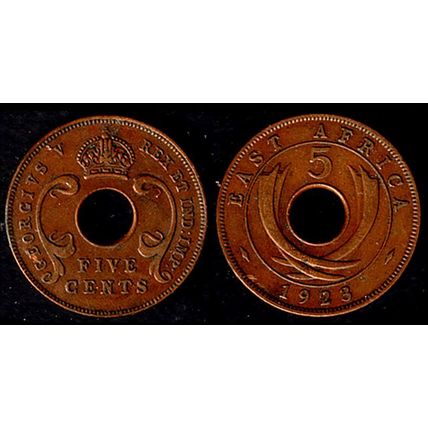 East Africa Five Cents 1923 Used Coin 5c Elephant Tusks