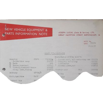 1957 RILEY TWO-POINT-SIX LUCAS Equipment & Spare Parts List TR189