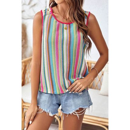 Rose Stripe Rainbow Eyelet Knit Button Decor Tank Top