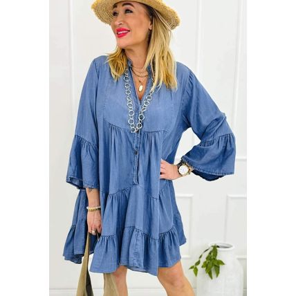 Sky Blue Chambray Ruffled 3/4 Sleeve Tiered Split V Neck Mini Dress