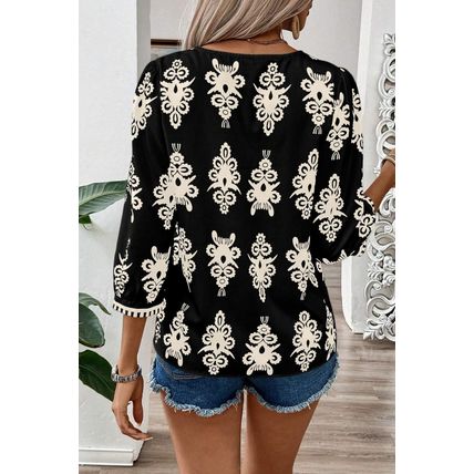 Black Vintage Geometric Printed 3/4 Sleeve V Neck Blouse