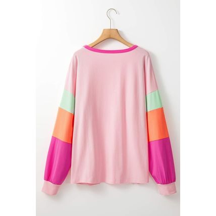 Pink Colorblock Patchwork Long Sleeve Plus Size Top