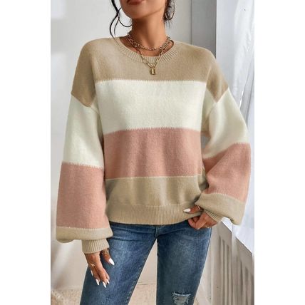 Dusty Pink Color Block Lantern Sleeve Drop Shoulder Sweater