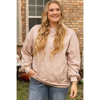 Parchment Plus Size Textured Drop Shoulder Crew Neck Sweatshirt