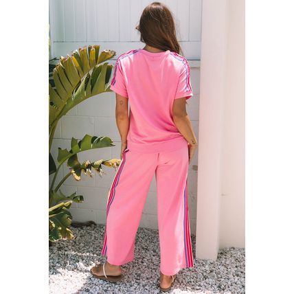 Bonbon Color Contrast Crewneck T Shirt and Wide Leg High Waist Pants Set