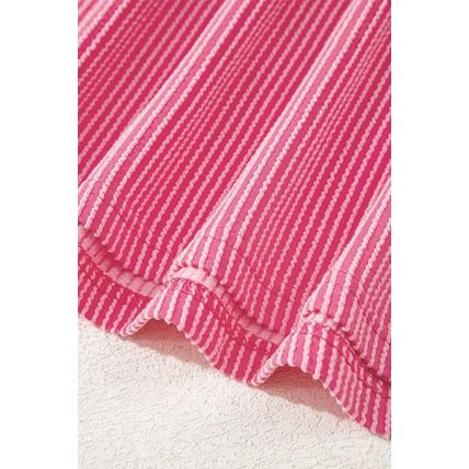 Rose Red Twisted Ribbed Knit V Neck Casual Tee