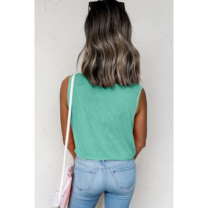 Sea Green Mineral Wash Patched Chest Pocket Casual Tank Top