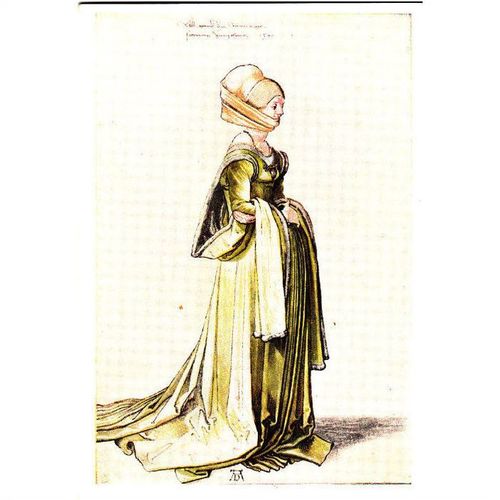 Colour Postcard - Nurenberg Woman going to a dance 1500 by Durer