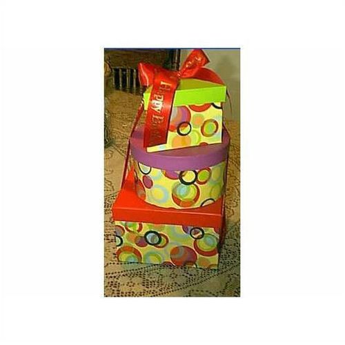 3 COLORFUL CIRCLES BUBBLES BIRTHDAY GIFT BOXES SAGE GREEN, PURPLE, RED & RIBBON