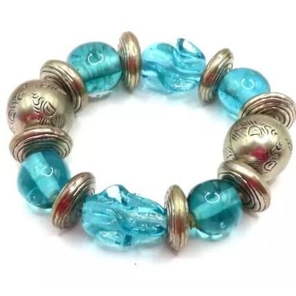 Blue Glass & Metal Spacer Bracelet Stretch Christmas Gift Jewellery Ladies