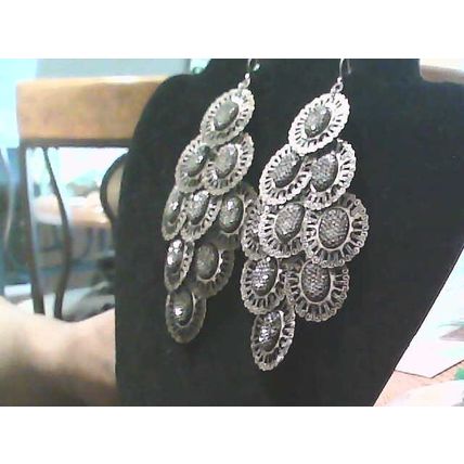 Silver Tone FILIGREE Oval DANGLES Aprx 3” Hook Earrings