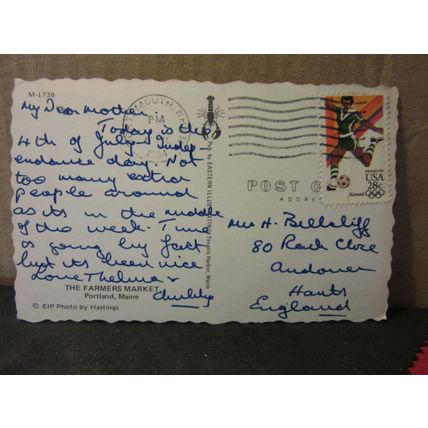FARMERS MARKET, PORTLAND, MAINE, USA used postcard 1984 pm olympic stamp =