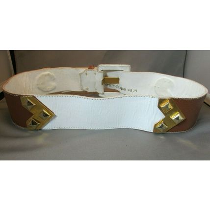 RARE 1980's YVES SAINT LAURENT Brass Leather Belt TAN/WHITE YSL Med 29"-31" 4974