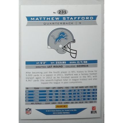 2013 Panini Score MATTHEW STAFFORD (Lions) Air Mail insert card #231