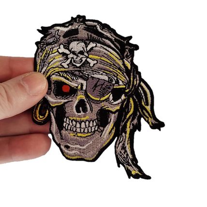 Pirate Skull Iron On Patch 8cm x 10cm Badge Sew Embroidered Rock Punk Goth P599