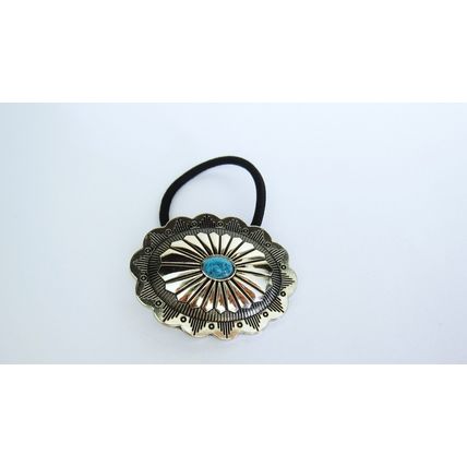 Oval turquoise blue stone metal native hair tie ponytail holder scrunchie