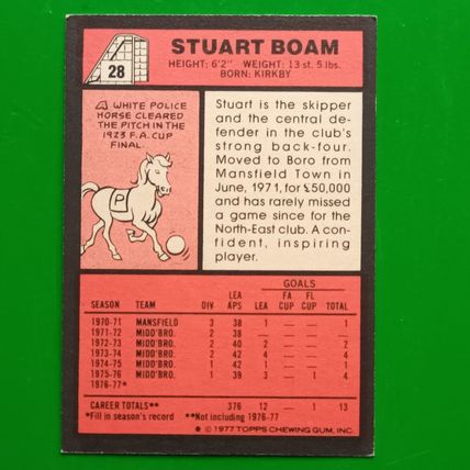 TOPPS FOOTBALL RED BACK 1977 #29 Middlesbrough Stuart Boam