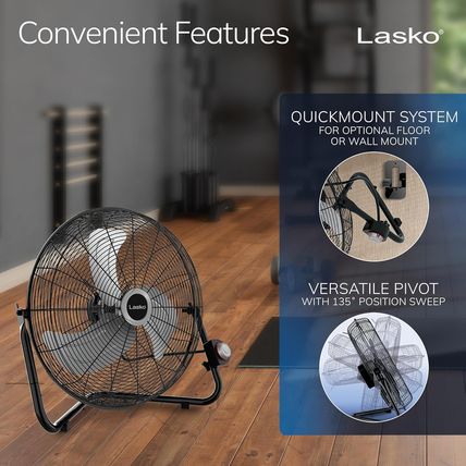 Lasko 20" Black High Velocity Wall Mount Fan with Pivoting Head - 3 Speeds, Idea