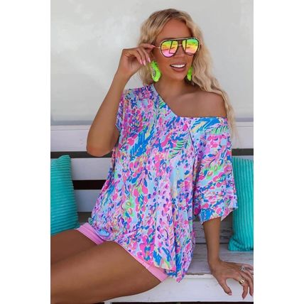 Sky Blue Loose Painted Floral Tee
