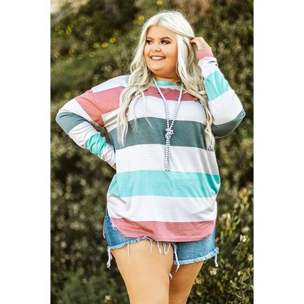 Green Plus Size Colorblock Pullover Top