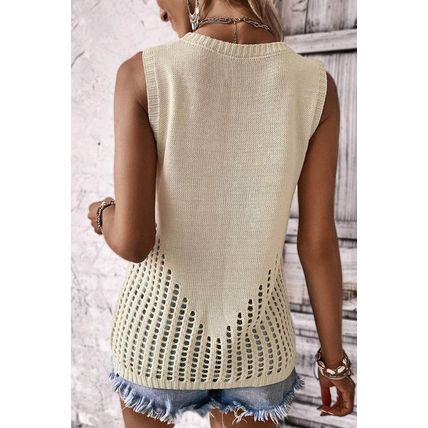 Beige Pointelle Detail Solid Color Knit Sweater Vest