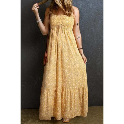 Yellow Frilly Smocked High Waist Floral Maxi Dress