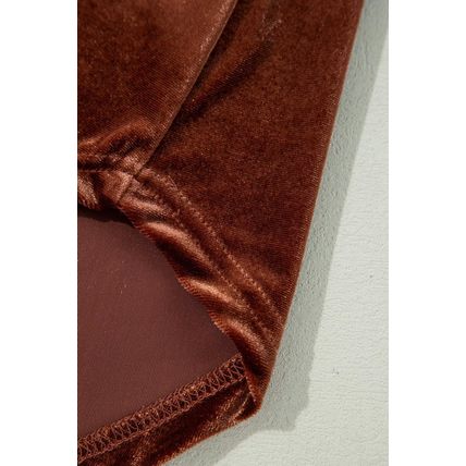 Coffee Plus Size V Neck Collared Pleated Back Rounded Hem Velvet Dress