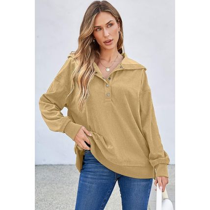 Simply Taupe Solid Ribbed Knit Buttoned Drop Shoulder Oversized Hoodie