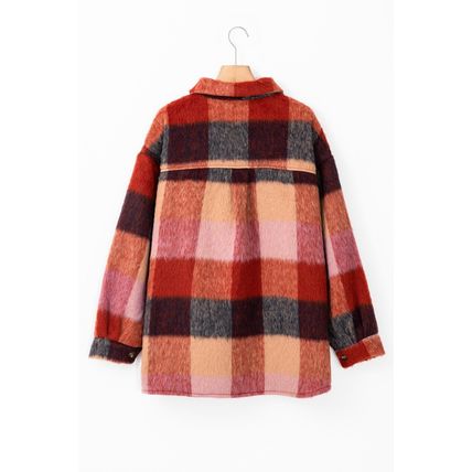 Orange Plaid Print Flap Pockets Buttoned Casual Plus Size Jacket