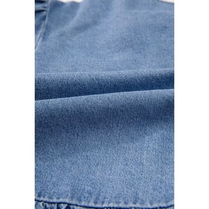 Dusk Blue Tied Front Bubble Sleeve Peplum Denim Shirt