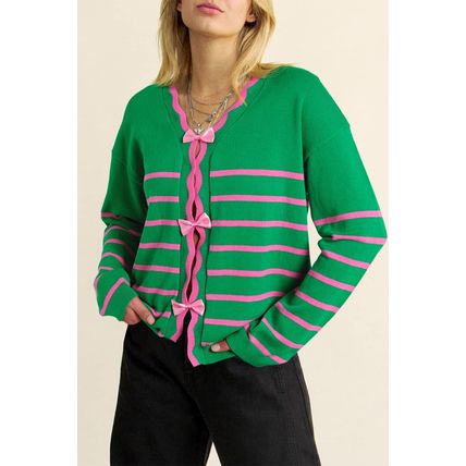 Green Stripe Ribbon Cute Bow Detail Sweater Knit Cardigan