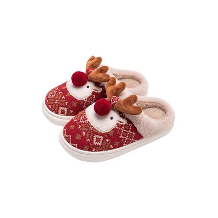 Fiery Red Christmas Cartoon Reindeer Plush Home Slippers