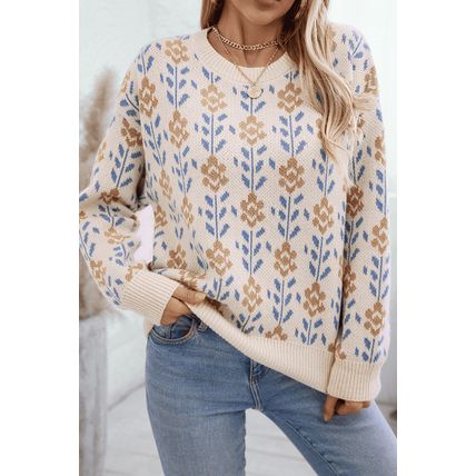 Apricot Floral Pattern Crew Neck Sweater