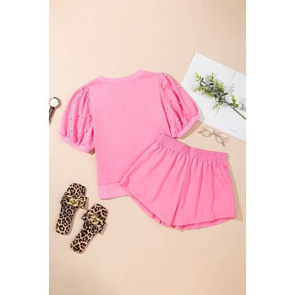 Pink Contrast Bow Trim Pearl Puff Sleeve Blouse and Skort 2pcs Set