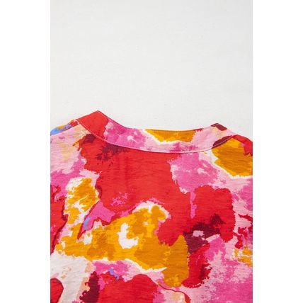 Red Abstract Print Split V Neck Ruffle Short Sleeve Blouse