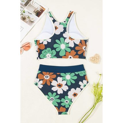 Blue Flower Zip up Racerback High Waisted Bikini