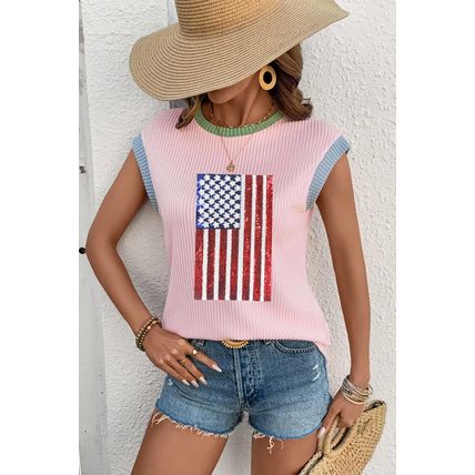 Pink Colorblock Edge Twisted Rib Texture Sequin American Flag Casual T Shirt