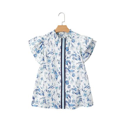 Sky Blue Floral Print Ruffled Short Sleeve Blouse