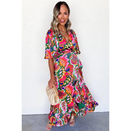 Rose Summer Plant Print Surpliced V Neck Ruffled Asymmetric Slit Wide Short Slee