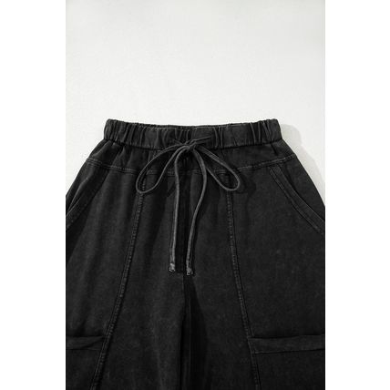 Black Mineral Wash Exposed Seam Drawstring High Waist Wide Leg Cargo Pants