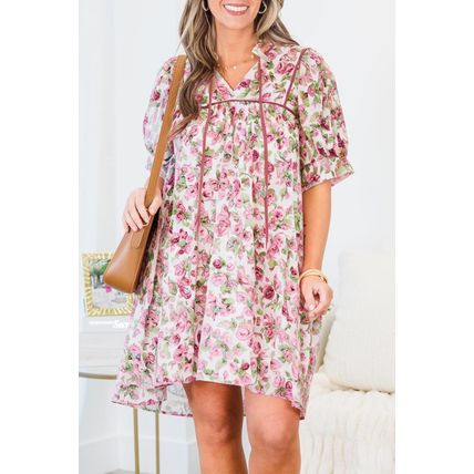 Pink Floral Split Neck Short Sleeve Loose Plus Size Mini Dress