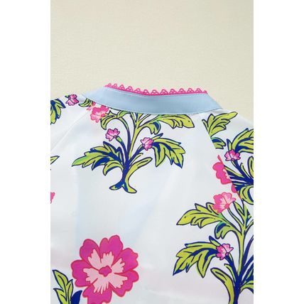 Rose Vintage Floral Print Contrast Notched V Neck Plus Size Summer Blouse