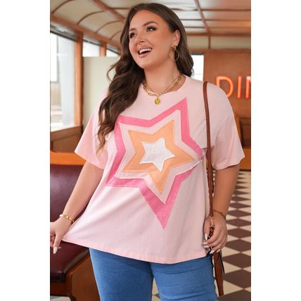 Light Pink Eyelet Lace Star Applique Plus Size T Shirt