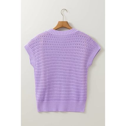 Lavendula Pointelle knit Ribbed Trim Short Sleeve Sweater