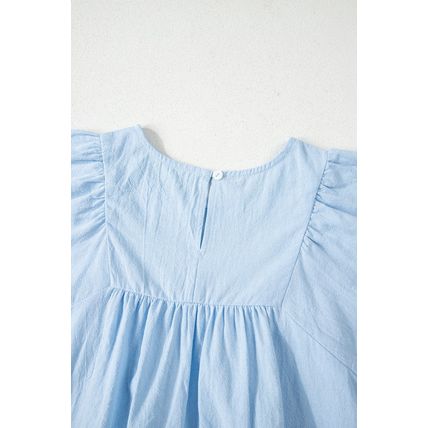 Beau Blue Solid Color Embroidered Scalloped Sleeves Crew Neck Blouse
