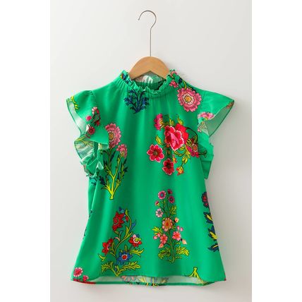 Green Floral Print Flutter Sleeve Frilly Neck Blouse