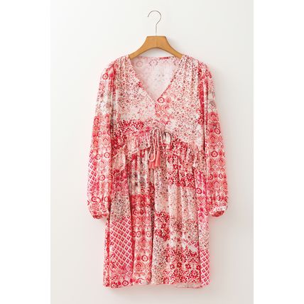 Pink Bohemian Floral Print Tassel Tie Long Sleeve Flowy Mini Dress