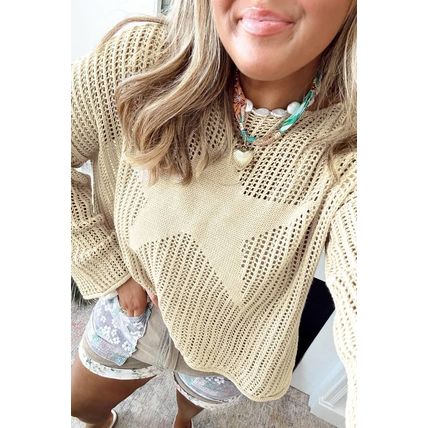 Parchment Hollow Out Knit Star Pattern Accent Plus Size Jumper