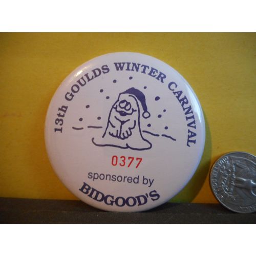 13th Goulds Winter Carnival pinback,Bidgood's Newfoundland